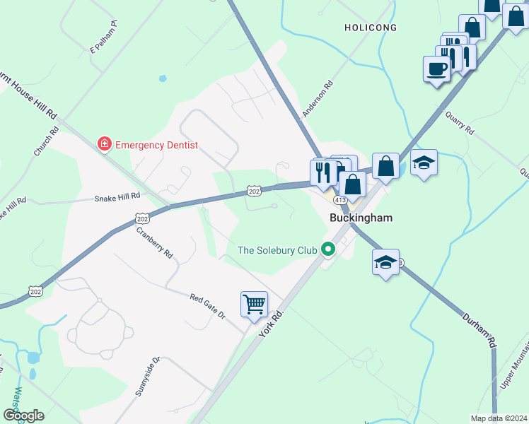 map of restaurants, bars, coffee shops, grocery stores, and more near 4621 Sands Way in Buckingham
