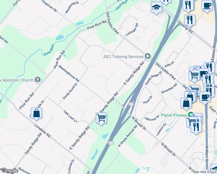 map of restaurants, bars, coffee shops, grocery stores, and more near 5 Settlers Drive in Doylestown