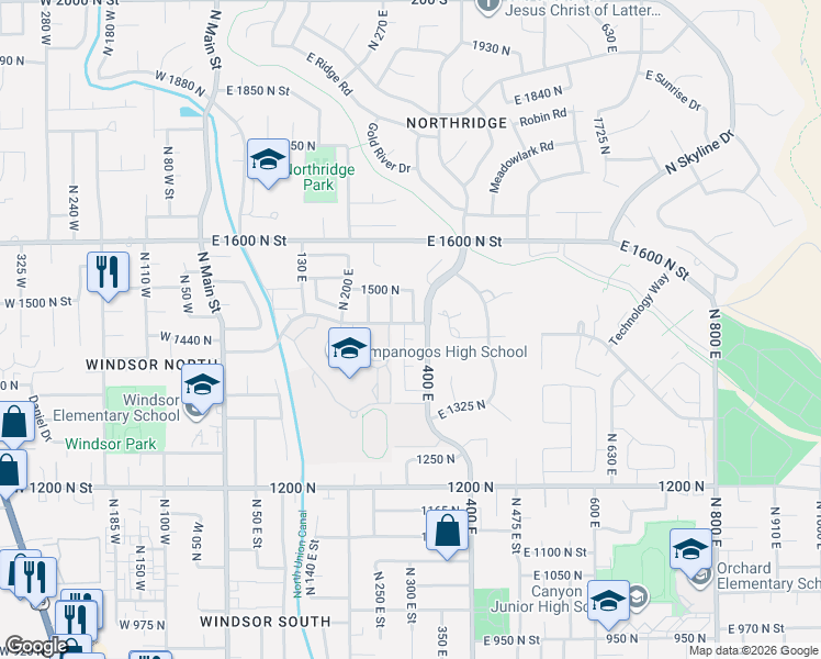 map of restaurants, bars, coffee shops, grocery stores, and more near 363 East 1395 North in Orem
