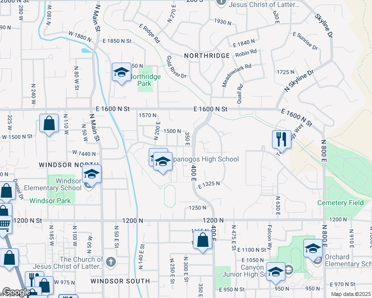 map of restaurants, bars, coffee shops, grocery stores, and more near 363 East 1395 North in Orem