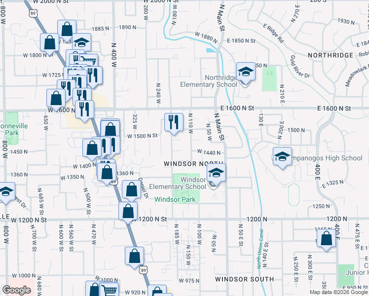 map of restaurants, bars, coffee shops, grocery stores, and more near 1489 North 110 West Street in Orem