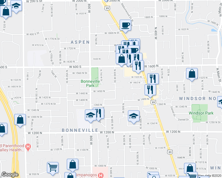 map of restaurants, bars, coffee shops, grocery stores, and more near 678 West 1450 North in Orem