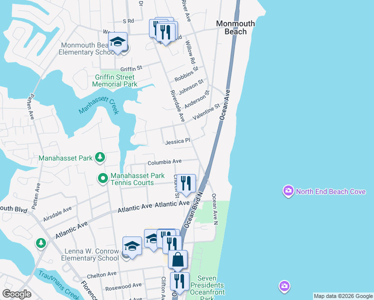 map of restaurants, bars, coffee shops, grocery stores, and more near 5 Cook Street in Monmouth Beach