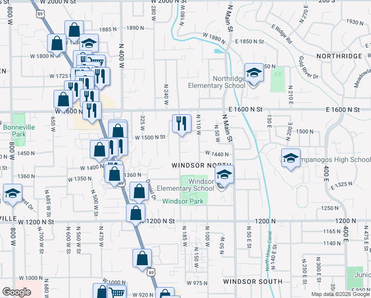 map of restaurants, bars, coffee shops, grocery stores, and more near 1482 North 200 West in Orem