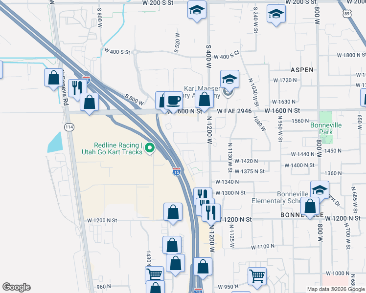 map of restaurants, bars, coffee shops, grocery stores, and more near 1322 West 1480 North Street in Orem