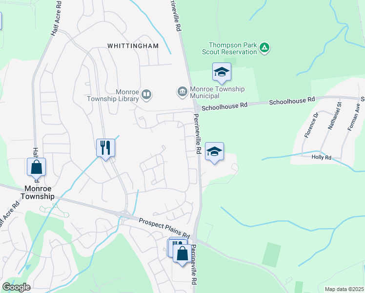 map of restaurants, bars, coffee shops, grocery stores, and more near 57A Winthrop Road in Monroe Township