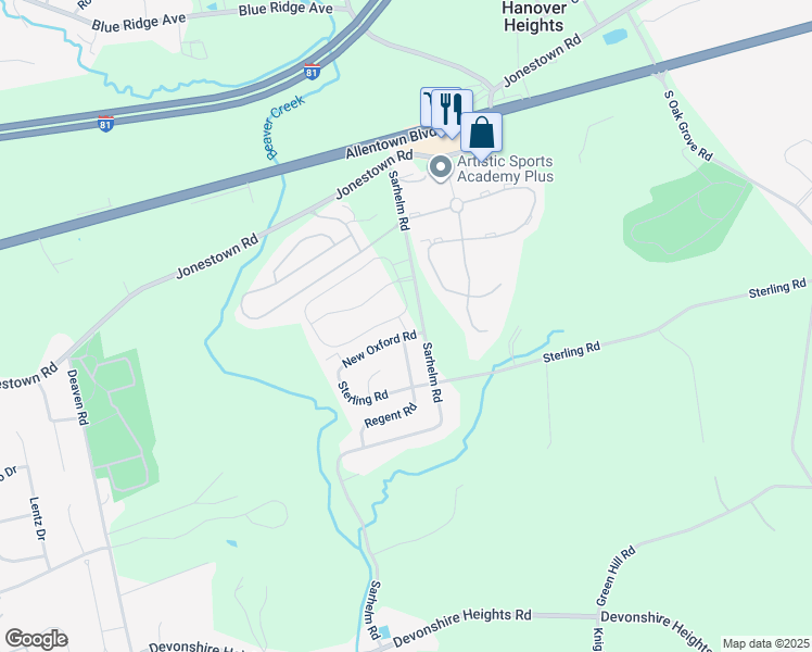 map of restaurants, bars, coffee shops, grocery stores, and more near 6959 Derrick Drive in Harrisburg