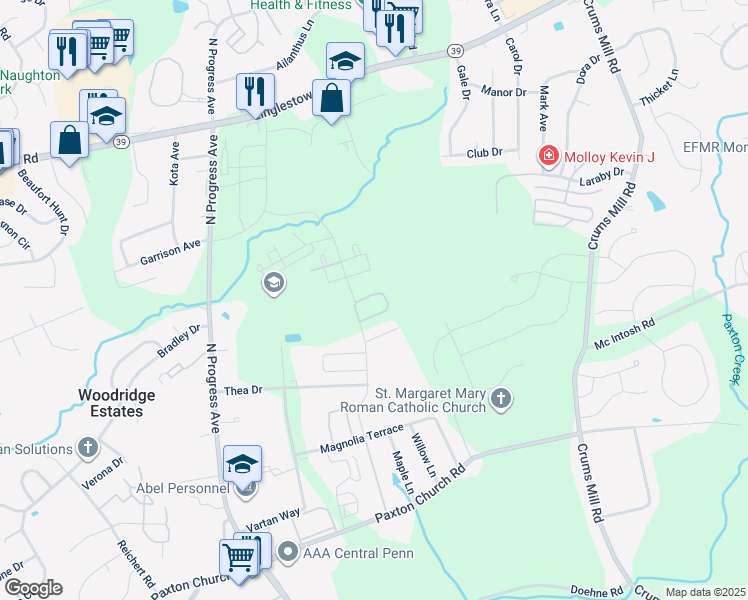 map of restaurants, bars, coffee shops, grocery stores, and more near 2510 Oakwood Lane in Harrisburg