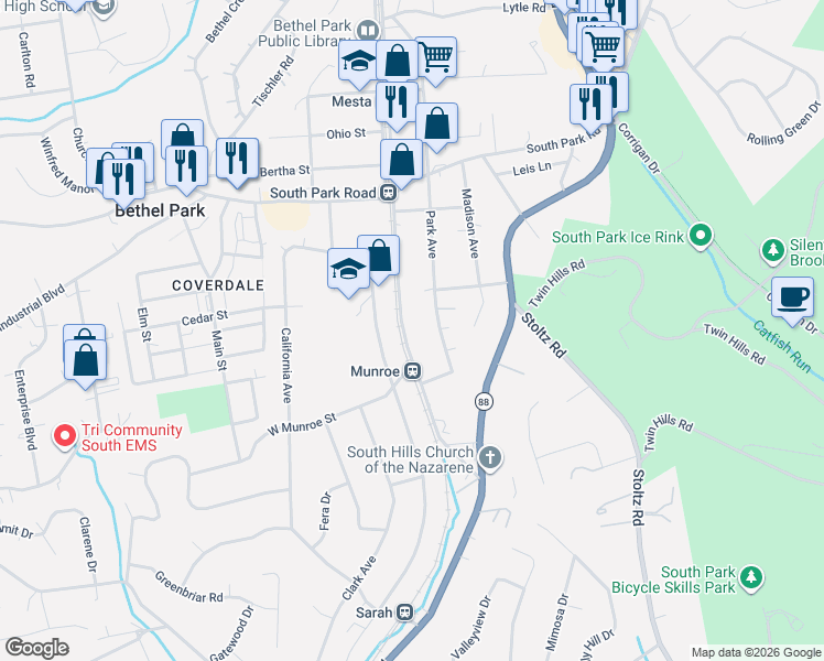 map of restaurants, bars, coffee shops, grocery stores, and more near 5421 Brightwood Road in Bethel Park