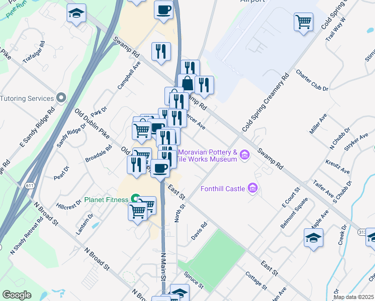 map of restaurants, bars, coffee shops, grocery stores, and more near 507 Fonthill Drive in Doylestown