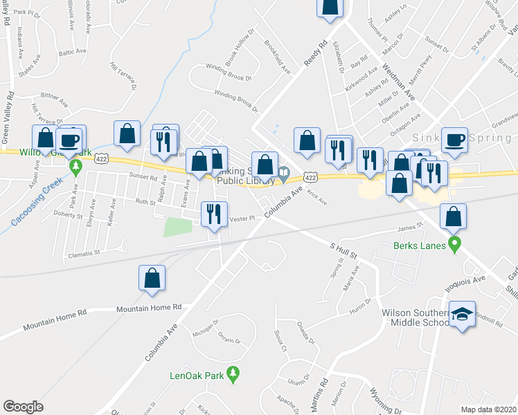 map of restaurants, bars, coffee shops, grocery stores, and more near 44 South Hull Street in Sinking Spring