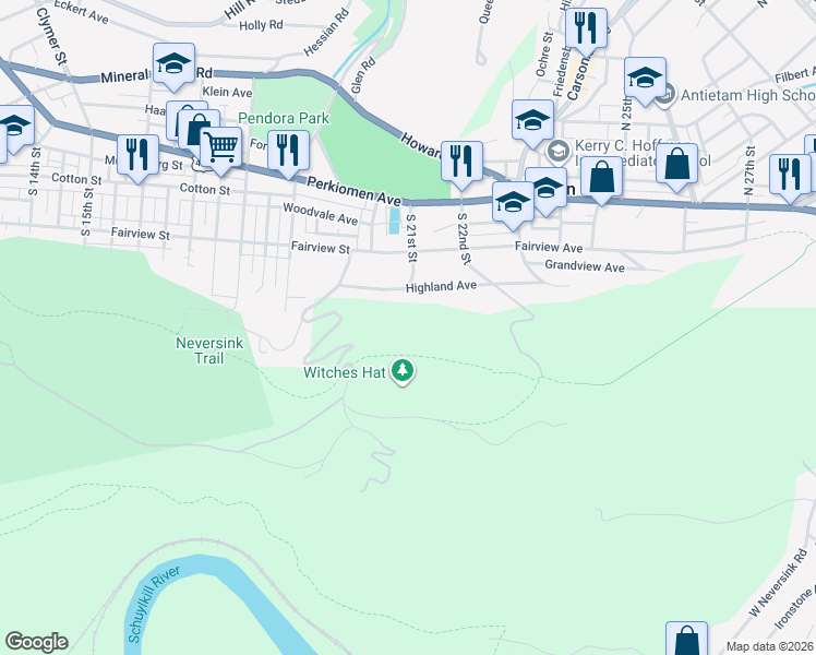map of restaurants, bars, coffee shops, grocery stores, and more near 2106 Highland Avenue in Reading