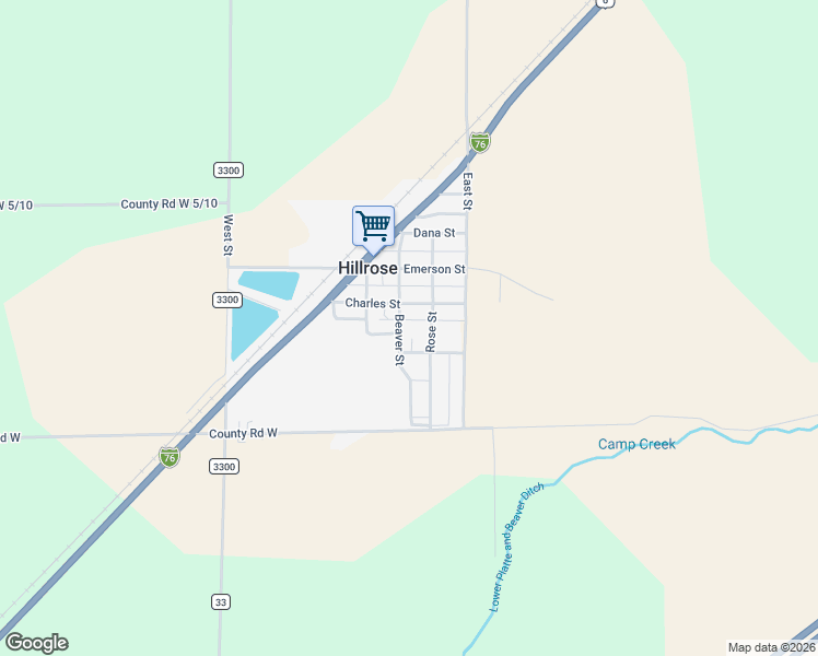 map of restaurants, bars, coffee shops, grocery stores, and more near 302 Rose Street in Hillrose