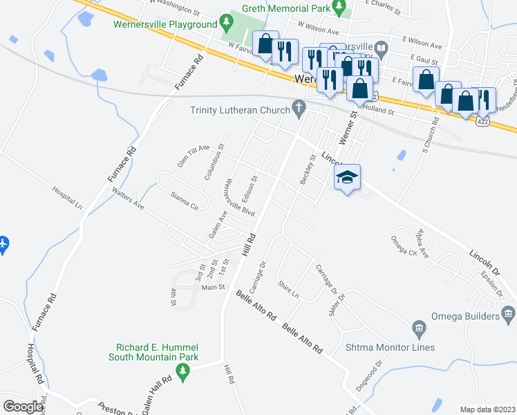 map of restaurants, bars, coffee shops, grocery stores, and more near 474 Hill Road in Wernersville