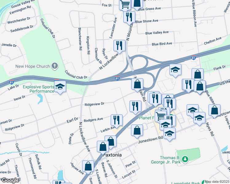 map of restaurants, bars, coffee shops, grocery stores, and more near 5603 Arcadia Street in Harrisburg