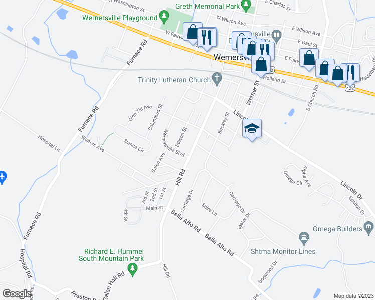 map of restaurants, bars, coffee shops, grocery stores, and more near 474 Hill Road in Wernersville