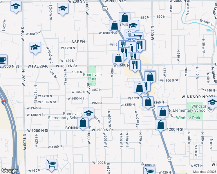 map of restaurants, bars, coffee shops, grocery stores, and more near 685 West 1500 North Street in Orem