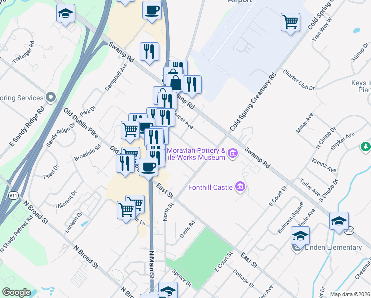 map of restaurants, bars, coffee shops, grocery stores, and more near 43 Chapman Avenue in Doylestown