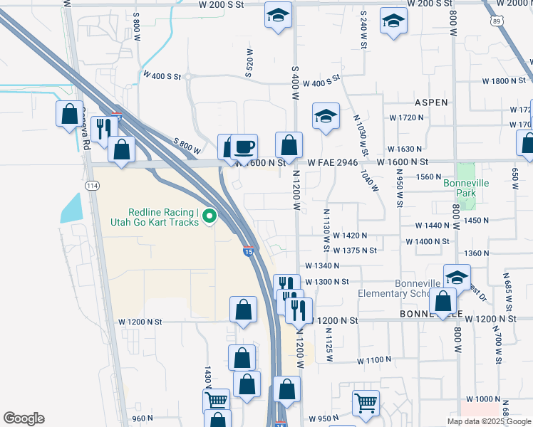 map of restaurants, bars, coffee shops, grocery stores, and more near 1260 West 1480 North Street in Orem