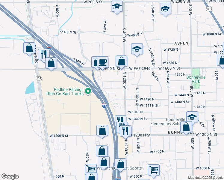 map of restaurants, bars, coffee shops, grocery stores, and more near 1279 West 1480 North Street in Orem