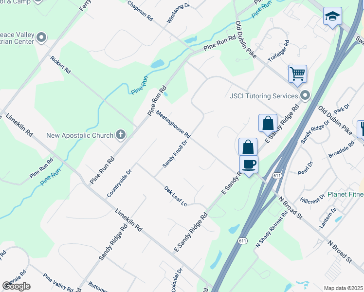 map of restaurants, bars, coffee shops, grocery stores, and more near 321 Sandy Knoll Drive in Doylestown