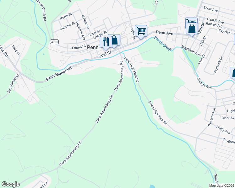 map of restaurants, bars, coffee shops, grocery stores, and more near 203 Penn Adamsburg Road in Penn