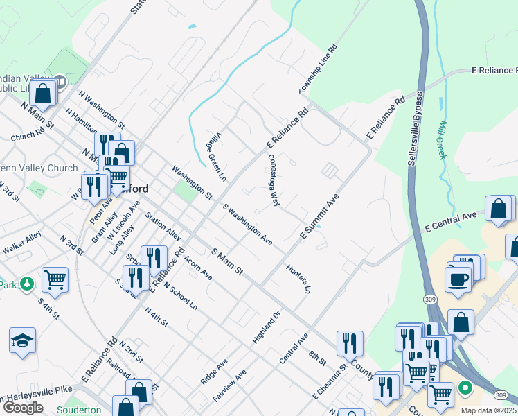 map of restaurants, bars, coffee shops, grocery stores, and more near 265 Washington Place in Telford