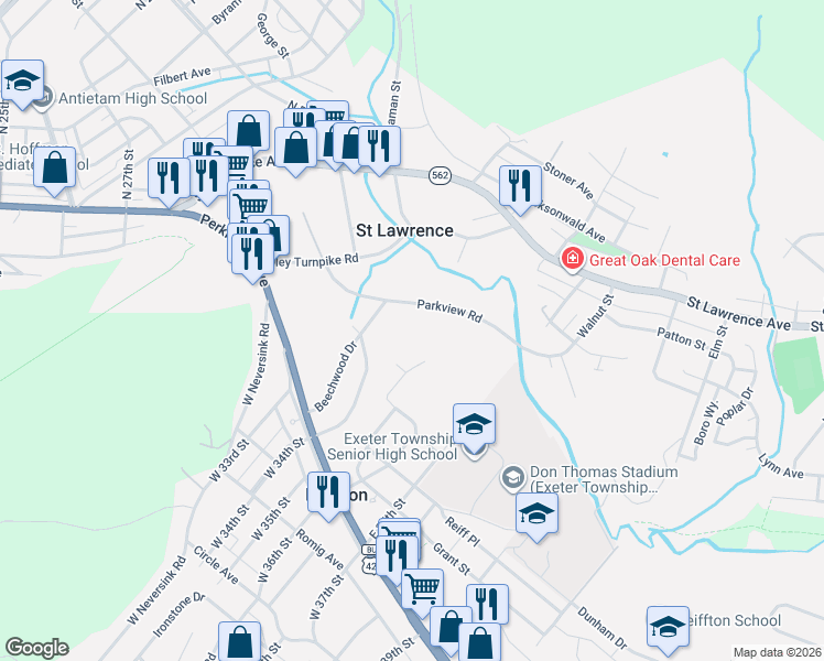 map of restaurants, bars, coffee shops, grocery stores, and more near 318 Parkview Road in Reading