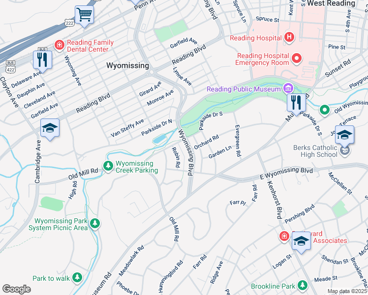 map of restaurants, bars, coffee shops, grocery stores, and more near 1010 Wyomissing Boulevard in Wyomissing