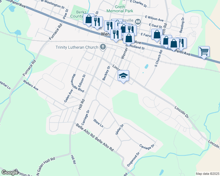 map of restaurants, bars, coffee shops, grocery stores, and more near 23 Glen Tilt Avenue in Wernersville