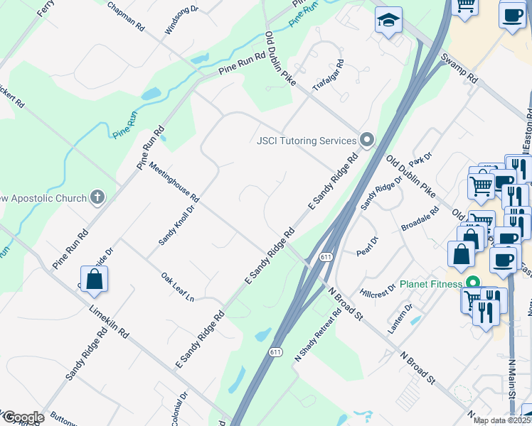 map of restaurants, bars, coffee shops, grocery stores, and more near 5 Settlers Drive in Doylestown