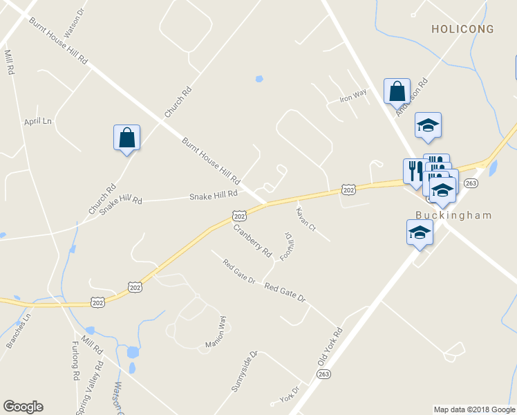 map of restaurants, bars, coffee shops, grocery stores, and more near 4451 Doylestown Buckingham Pike in Doylestown