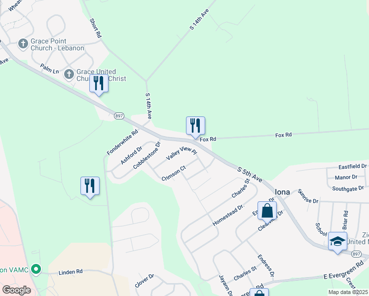 map of restaurants, bars, coffee shops, grocery stores, and more near Valley View Place in Lebanon