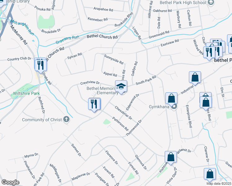 map of restaurants, bars, coffee shops, grocery stores, and more near 3301 South Park Road in Bethel Park