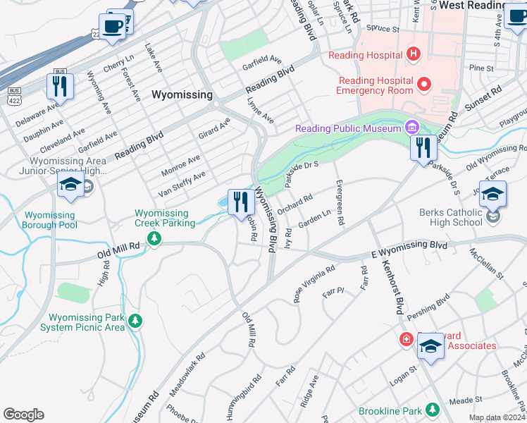map of restaurants, bars, coffee shops, grocery stores, and more near 1010 Wyomissing Boulevard in Wyomissing