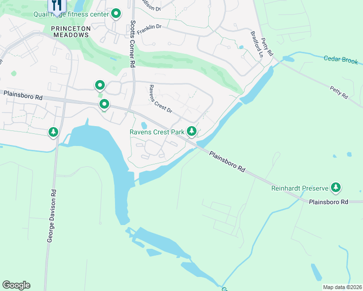 map of restaurants, bars, coffee shops, grocery stores, and more near 208 Aspen Drive in Princeton Meadows
