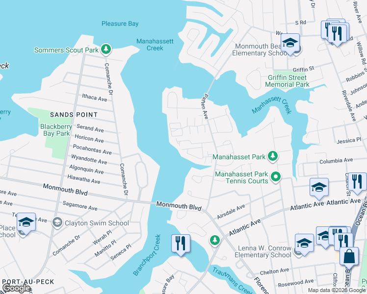 map of restaurants, bars, coffee shops, grocery stores, and more near 74 Rivergate Way in Long Branch