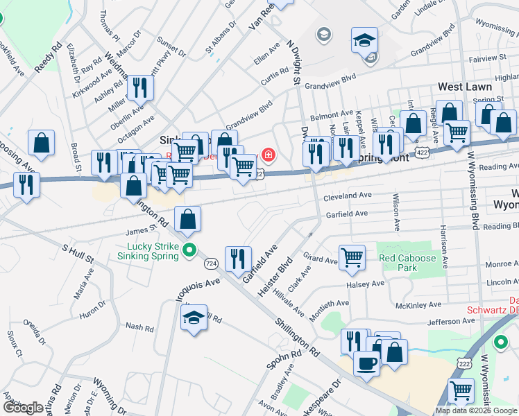 map of restaurants, bars, coffee shops, grocery stores, and more near 3000 Penn Avenue in West Lawn