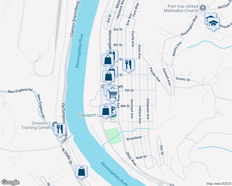map of restaurants, bars, coffee shops, grocery stores, and more near 642 Ohio Avenue in Glassport