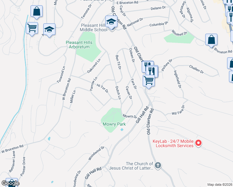 map of restaurants, bars, coffee shops, grocery stores, and more near 525 Hi Tor Drive in Pittsburgh