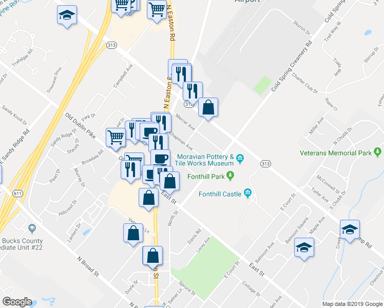 map of restaurants, bars, coffee shops, grocery stores, and more near 56 Chapman Avenue in Doylestown