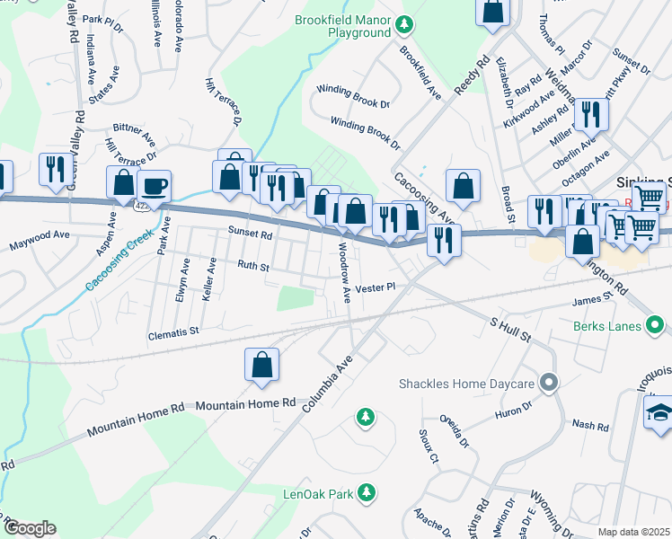 map of restaurants, bars, coffee shops, grocery stores, and more near 46 Woodrow Avenue in Sinking Spring