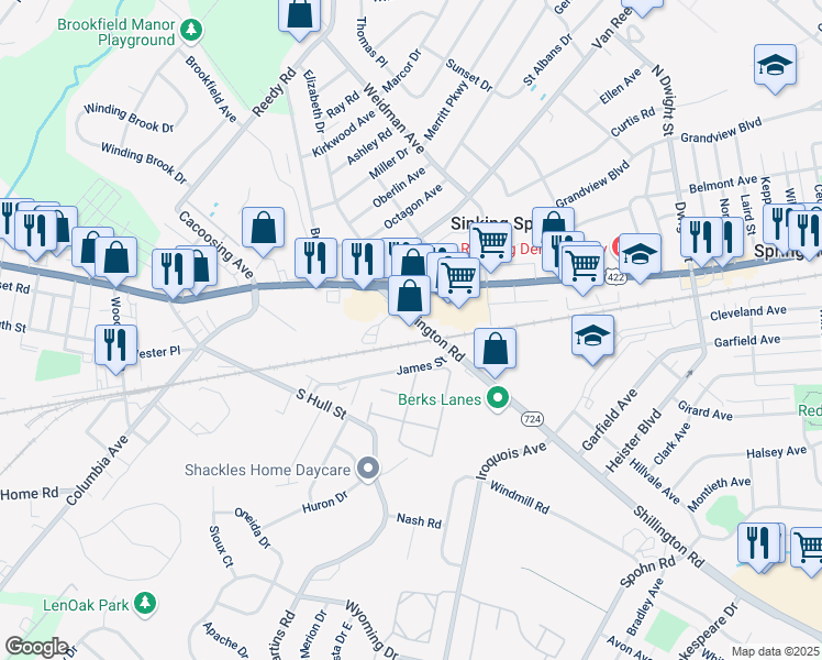 map of restaurants, bars, coffee shops, grocery stores, and more near 36 Shillington Road in Sinking Spring
