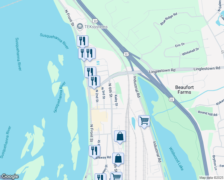 map of restaurants, bars, coffee shops, grocery stores, and more near 4363 North 6th Street in Harrisburg