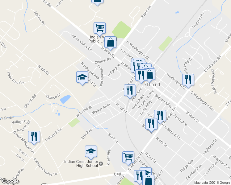 map of restaurants, bars, coffee shops, grocery stores, and more near 229 West Broad Street in Telford