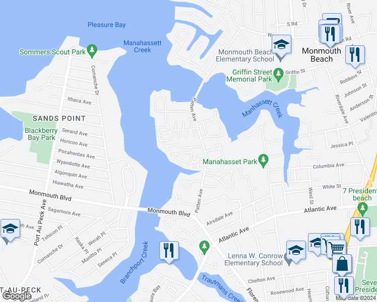 map of restaurants, bars, coffee shops, grocery stores, and more near 10 Seawinds Way in Long Branch