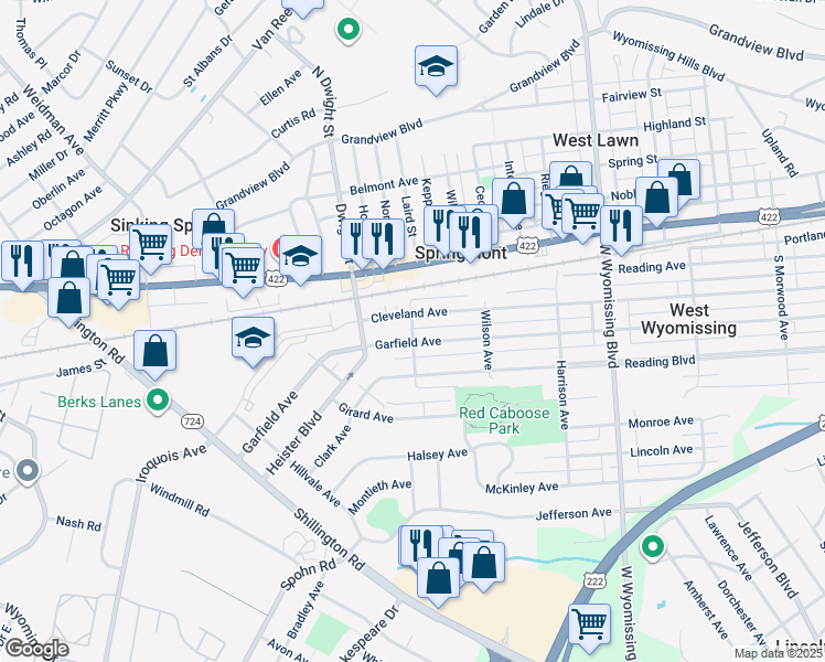 map of restaurants, bars, coffee shops, grocery stores, and more near 101 Marshall Avenue in Reading