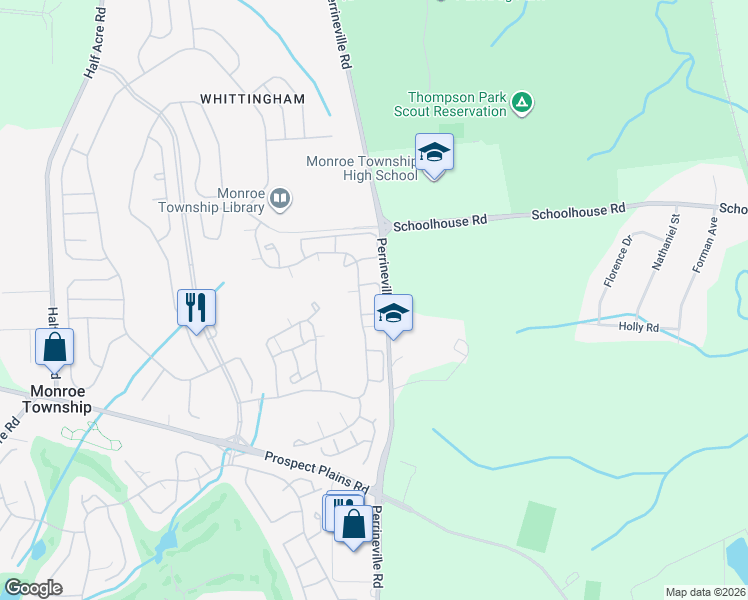 map of restaurants, bars, coffee shops, grocery stores, and more near 57A Winthrop Road in Monroe Township