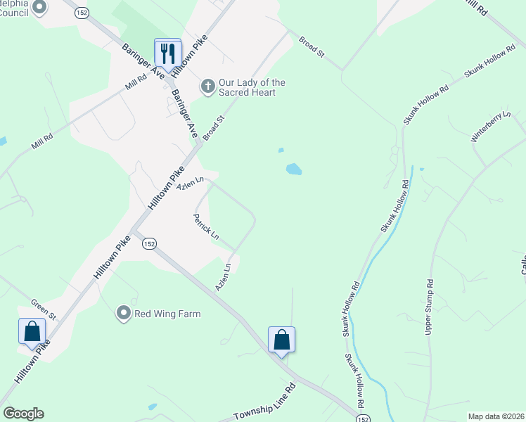 map of restaurants, bars, coffee shops, grocery stores, and more near 1028 Azlen Lane in Chalfont