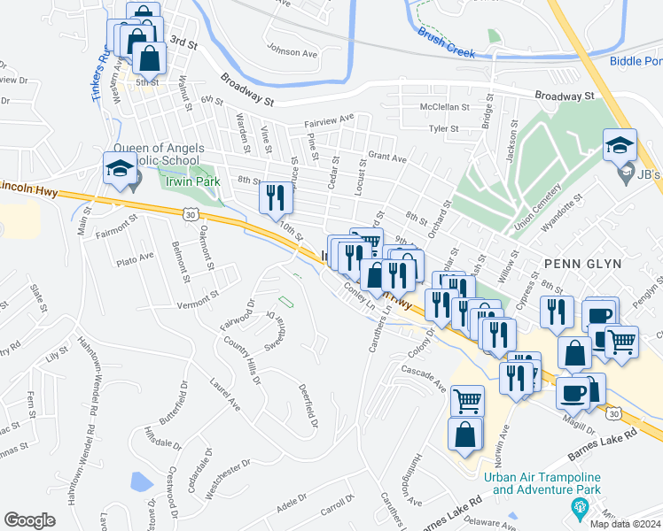 map of restaurants, bars, coffee shops, grocery stores, and more near U.S. 30 in Irwin